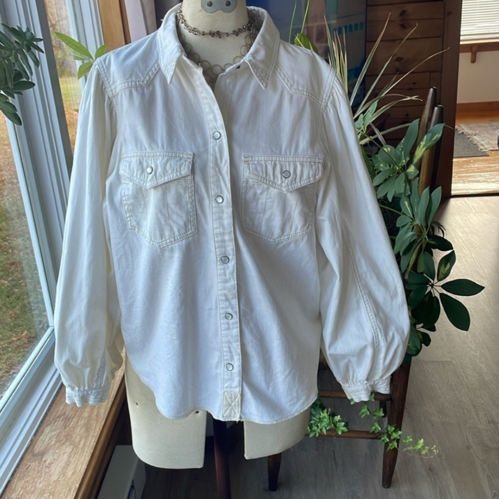 We The Free Womans Denim Snap Button White M "with love" Statement Sleeve